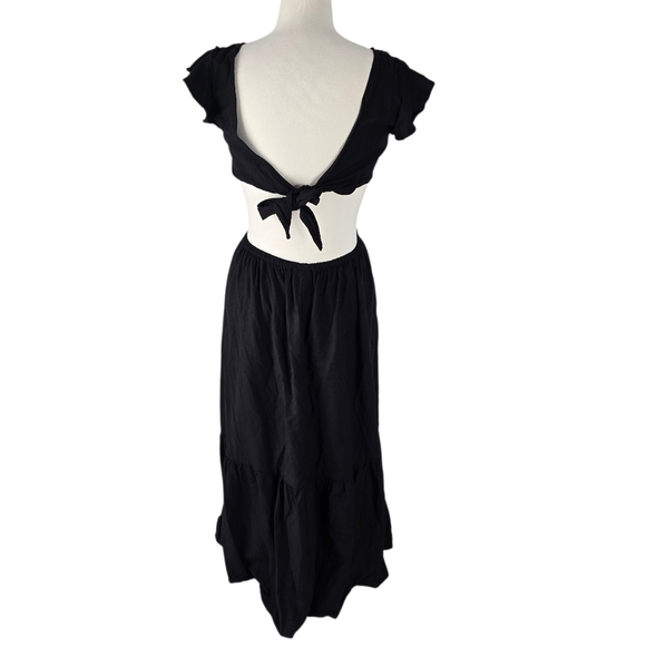 Jason Wu Open Back Linen Blend Tiered Hem Midi Sundress Black Flutter Sleeve L - Picture 3 of 13